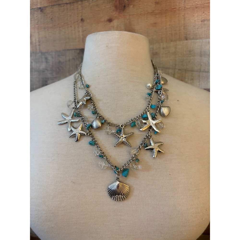 Silver Tone Layered Starfish Seashell Turquoise Bead Charm Necklace Nautical